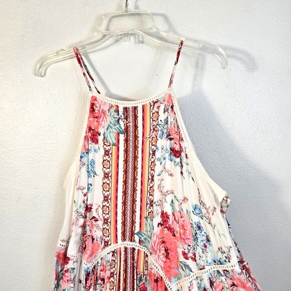 Xhilaration Tiered Maxi Dress Women's S Pink Red Floral Crochet Boho Chic Summer - Picture 3 of 11